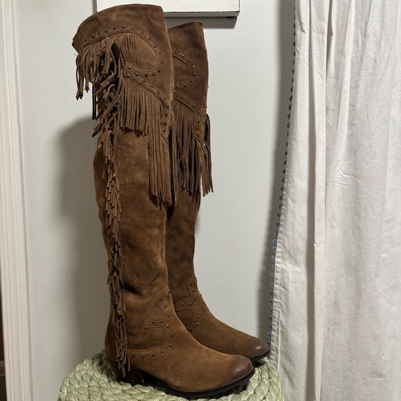 Naughty Monkey Tonto Fallz Brown Suede Stud Fringe Over the Knee Boho Boots - Picture 1 of 10